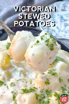 a close up of a spoon with food on it and the words victorian stew potatoes