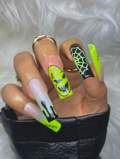 Acrylic Nail Halloween Designs, Mid Length Halloween Nails, Small Square Halloween Nails, Fun Halloween Nails Acrylic, Oggie Boggie Nails, Halloween Mickey Nails, Hocus Pocus Nails Acrylic, Boogie Man Nails, Glow In The Dark Halloween Nails