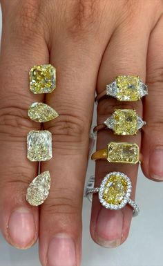 Diamond rings, yellow diamonds, engagement rings, halo ring, oval diamond ring, radiant cut diamond ring, three stone diamond ring, engagement rings idea Canary Diamond Ring, Carat Sizes, Diamond Rings Engagement, Fancy Color Diamond Ring, Rings Unique