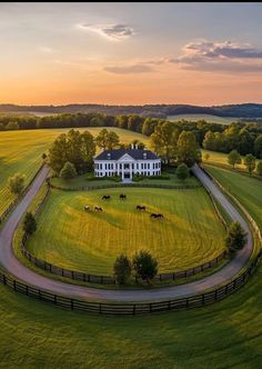 an aerial view of a large white house in the middle of a lush green field