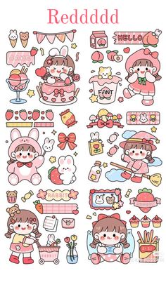 some stickers that are on the back of a white sheet with pink and red designs