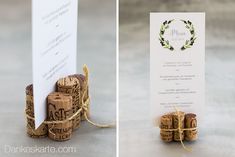 the corks have been tied together with twine and are ready to be used as place cards