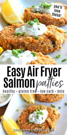 easy air fryer salmon patties on a white plate with lemon wedges and sour cream