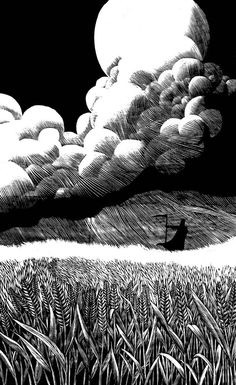 a black and white drawing of a man standing in a field under a cloudy sky