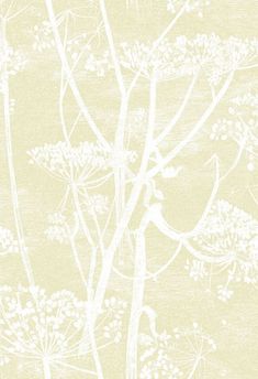 a wallpaper with white flowers and branches on the side, against a light yellow background