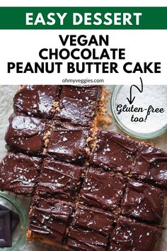 vegan chocolate peanut butter cake is cut into squares and placed on top of each other