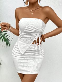 White Sexy Collar   Plain  Embellished Slight Stretch  Women Clothing