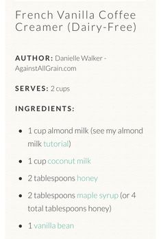 the french vanilla coffee creamer dairy - free recipe is shown in green and white