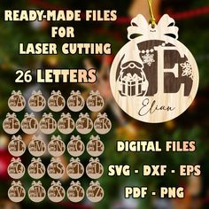 wooden christmas ornament for laser cutting 26 letters, svg dxf eps png