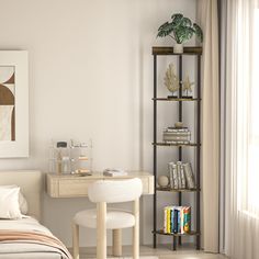 a bedroom with a bed, desk and bookshelf next to a large window