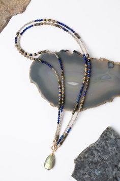 Blue Moon 32.5-34.5" Lapis With Labradorite And Pyrite Collage Necklac – Anne Vaughan Designs Blue Gemstone Beads Necklaces For Layering, Blue Labradorite Gemstone Bead Necklaces, Blue Labradorite Gemstone Beads Necklace, Blue Gemstone Beads Jewelry For Layering, Blue Labradorite Necklaces For Healing, Blue Natural Stones Jewelry For Layering, Blue Labradorite Jewelry With Natural Stones, Blue Jewelry With Natural Stones For Layering, Bohemian Gold Lapis Lazuli Necklace