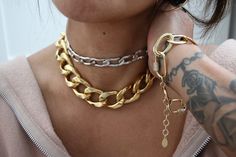 Large Cuban chain link necklace Chunky in gold.  Heavily plated 14 karat gold over brass.  Approximately 15 inches long with 2 inch extension. Total length is 17 inches.  Mix with with silver toned necklaces for an eclectic look.  Additional jewelry in pictures sold separately. Cuban Choker, Necklace Chunky, Cuban Chain, Cuban Link, Chain Link Necklace, Link Necklace, Chain Link, Chains Necklace, Favorite Jewelry