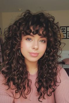 Curly Aline Haircut, Long Hair Curly Bangs, Curly Mid Length Hairstyles, Curly Hair Cuts Bangs, Curly Bang Hairstyles, Curly Hair Wispy Bangs, Curly Bangs Haircut, Medium Curly Haircuts With Bangs, Perm With Bangs