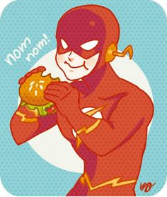 the flash eating a hamburger with his hands and eyes closed, while wearing a red cape