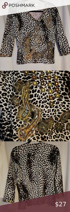 Alberto Makali Beaded Embellished Leopard Print Vintage Animal Sweater Sz L Animal Sweater, Leopard Print, Animals