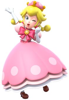 a cartoon character in a pink dress with polka dots on the skirt and headband