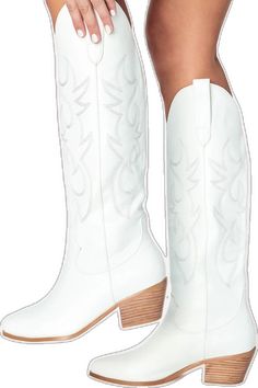 White Snip Toe Knee-high Boots For Spring, White Wide Calf Snip Toe Knee-high Boots, Trendy Spring Almond Toe Knee-high Boots, Trendy Almond Toe Knee-high Boots For Spring, Trendy Spring Knee-high Boots With Almond Toe, White Snip Toe Heeled Boots For Spring, White Cow Boy Boots, Cow Boy Boots, Boy Boots