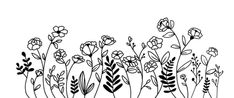 black and white drawing of flowers on a white background