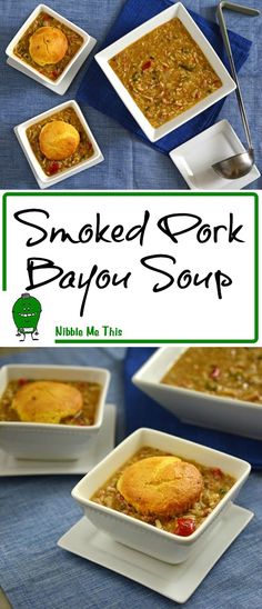 the cover of smoked pork payour soup is shown in white bowls and blue napkins