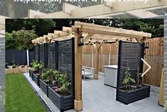 an outdoor garden with wooden structures and potted plants