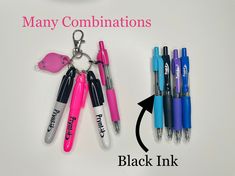 several pens and markers are attached to the back of a keychain that says many combinations