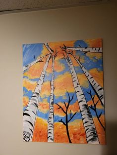 an acrylic painting of trees against a yellow and blue sky