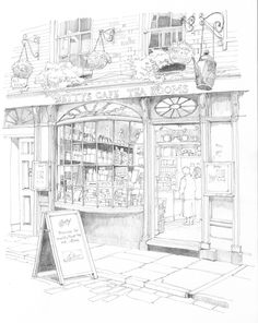 a drawing of a store front with a sign in the foreground and a woman standing outside