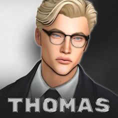 a man wearing glasses and a suit with the words thomas on it