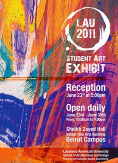 the poster for an art exhibition is shown in purple, orange and yellow colors with words that read'student art exhibit reception '