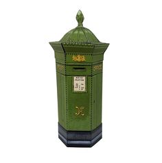 a green mailbox with the letter s on it's front and side panels