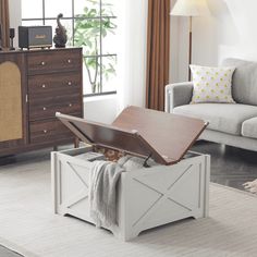 a living room scene with focus on the coffee table and storage unit in the middle