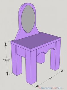 a purple vanity table with a mirror on it and measurements for the stools below