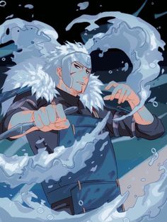 an animated image of a man with white hair and blue eyes holding a stick in his hand