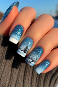 Dusty Blue Nails Acrylic, Dusty Blue Nails, Simple Christmas Nail Designs, Blue Nails Acrylic, Simple Christmas Nail, Short Christmas Nails, Penguin Nails, Berry Nails