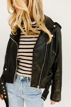 tipton faux leather jacket Moto Style, Striped Turtleneck, Black Leather Jacket, Faux Leather Jackets, Cuff Sleeves, Distressed Denim, Spring Outfit, Spring Outfits, Vintage Inspired