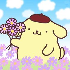 a cartoon dog holding a bunch of flowers