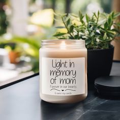 a candle sitting on top of a table next to a potted plant