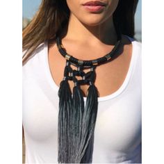 Great Statement Necklace By Marisa K - Black Fabric With Gold Bands And Macrame Fringe Attached For The Perfect Look To Finish An Outfit Approx 20” With Extender Lobster Clasp Never Worn Mkcollab Black Macrame Jewelry For Festivals, Bohemian Black Necklace For Party, Bohemian Black Macrame Necklace, Chic Adjustable Black Necklaces, Chic Adjustable Black Necklace, Black Bohemian Choker Necklace, Bohemian Black Choker Necklace, Chic Black Adjustable Necklace, Adjustable Black Beaded Bib Necklace