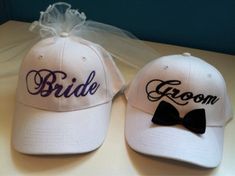 This listing is for a matching pair of white Bride and Groom baseball caps/hats. Cute wedding, bachelorette and bachelor party gift!You will receive one white Groom tuxedo hat and one white Bride veil hat with word color of your choice. Bride hat can come with out without veil. Please write your choices in the Message to Seller box at checkout.Please see other listings for Black hats with embroidery!Please convo us for international shipping, questions, requests, or special orders! :^)From a smo White Cap Mini Hat For Weddings, Adjustable White Hats For Graduation, White Curved Brim Baseball Cap As A Gift, White Curved Brim Baseball Cap As Gift, White Curved Brim Baseball Cap Gift, White Snapback Baseball Cap As Gift, Adjustable White Hat For Graduation, Bride Reception Hat, Bride And Groom Hats