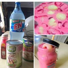 four different pictures with food and drinks on the top one is pink, the other is blue