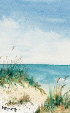 watercolor painting of beach scene with grass and sand