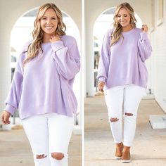 This top is truly magically perfect! The lavender color and super comfy material is just that you need in your new favorite sweater! The stretchy, figure flattering fit is great for all day wear! The bubble sleeves are so chic! Pair this sweater with some skinnies or shorts for a classic chic look! 60% Cotton, 40% Acrylic Trendy Lavender Fall Sweater, Trendy Lavender Sweater For Fall, Lavender Top For Layering In Fall, Lavender Top For Fall Layering, Cozy Soft Knit Purple Top, Lavender Tops For Fall Layering, Oversized Lavender Top For Fall, Oversized Cozy Purple Top, Cozy Oversized Purple Top