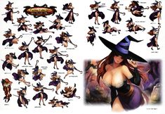 an open book with pictures of women in witches costumes and hats on the pages, all showing different poses