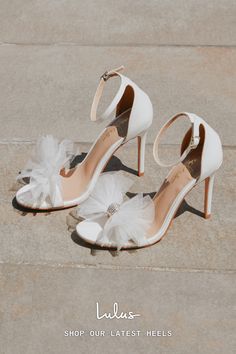 A great wedding calls for a great pair of heels! Make your day extra special with a pair of bridal shoes from Lulus. Stylish looks at affordable prices! White Stiletto Heels, White High Heel Sandals, Shoes For Bride, Bow High Heels, Tulle Bow, White High Heels, Lace Up Flats, Almond Shaped, Bow Heels