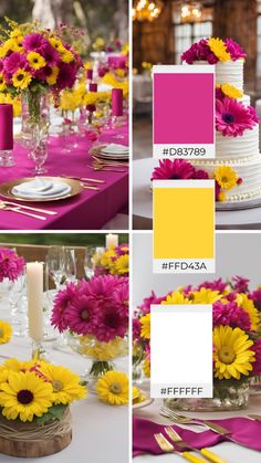 the table is decorated with bright pink and yellow flowers