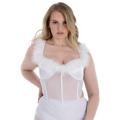 You're the sexiest angel ever in this white bustier for adults! The corset has stretch satin cups and marabou feather adjustable shoulder straps. The bodice is sheer mesh with princess and center boning and a pointed waistline in front. All you're missing is a halo! pbMarabou Sheer White Plus Size Angel Corset product details:-b-p ul liStretch satin cups-li liMarabou feather-covered adjustable shoulder straps-li liMesh bodice with boning-li liPointed waistline in front-li liBack hook-and-eye closures-li liPolyester and spandex-li liDoes not include pants or shoes-li liReview size chart for sizing information-li -ul pbCare Instructions:-b-p ul liWipe clean with damp cloth-li liLine dry-li liDo not dry clean bleach or iron-li -ul Plus Size Angel, Angel Corset, Wings And Halo, White Bustier, Candy Party Favors, Faux Pumpkins, White Angel, Sports Themed Party, Bridal Brunch