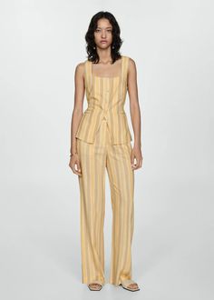 Straight striped pants - Woman | MANGO USA Yellow Waistcoat, Striped Pants Women, Stripe Vest, Mango Yellow, Striped Vests, Judas Priest, Total Look, Striped Sleeve, Pantalon Large