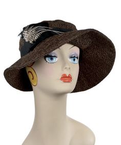 Katherine Hat Chocolate Tumbleweed with Black Feather Trim FFL-102     #millinery #hat #hats #passion4hats #pandemonium #pandemoniumhats #pandemoniummillinery #seattle, #WA, #handmade #madeinUSA #upholstery #embroidery #crueltyfree #vintage #classic #cancer #chemotherapy #alopecia #hairloss #linen #derbyhat #feathers Feather Trim, Hat Style, Black Feathers, Derby Hats, Hat Fashion, Derby, Feathers, Seattle, Upholstery