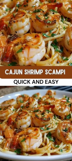 two pictures of shrimp and pasta with sauce