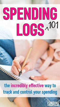 a woman writing on top of a notebook with the words spending logs 1011 in front of her